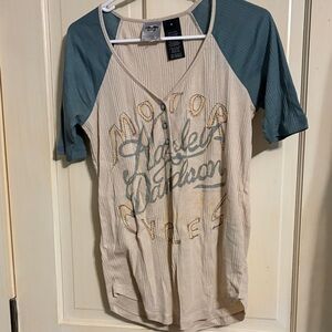 Harley-Davidson Cream and Teal Raglan Top